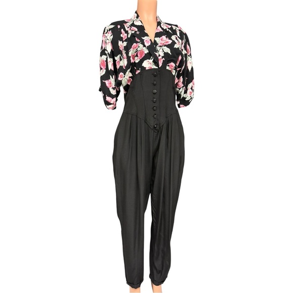 Vintage 80s Jumpsuit Black Pink Floral  Size 12 Foxy Lady Funky Unique Jumpsuit - Picture 4 of 12